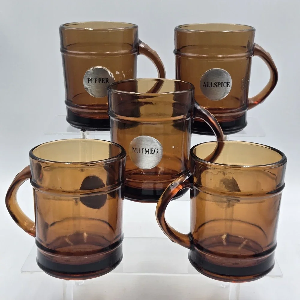 Set 5 VTG Fire King Anchor Hocking Glass AMBER BROWN‎ Barrel MUGS Spice Sticker